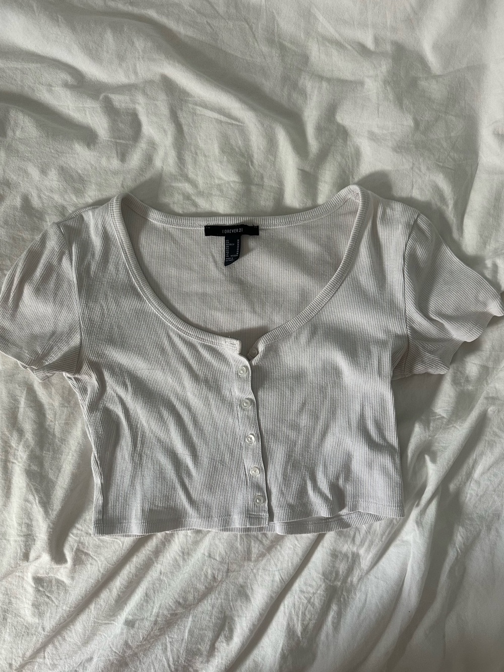 Forever 21 White Ribbed Button-Front Crop Top